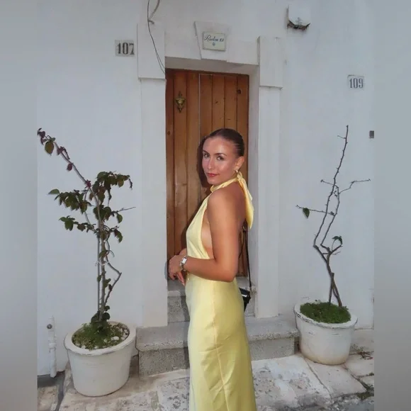 Zara butter Yellow Backless Halter maxi Dress holiday evening wedding - Picture 9 of 16